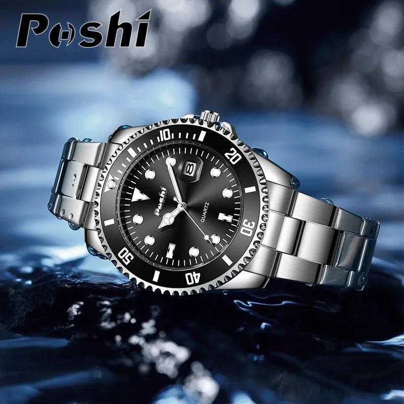 POSHI 991 Luxury Alloy Strap Quartz Watch Fashion Business Men's Wristwatch Green Dial With Date Case Can Rotate Life Waterproof