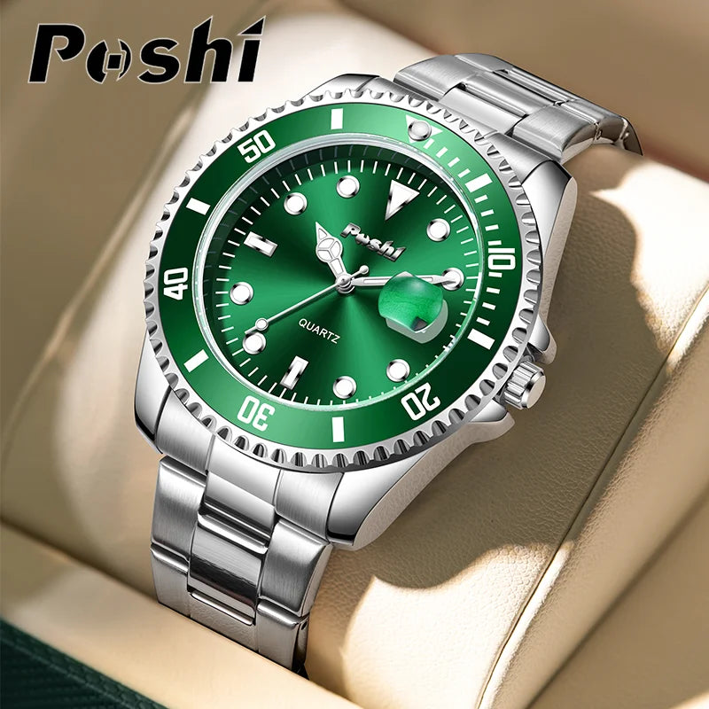 POSHI 991 Luxury Alloy Strap Quartz Watch Fashion Business Men's Wristwatch Green Dial With Date Case Can Rotate Life Waterproof