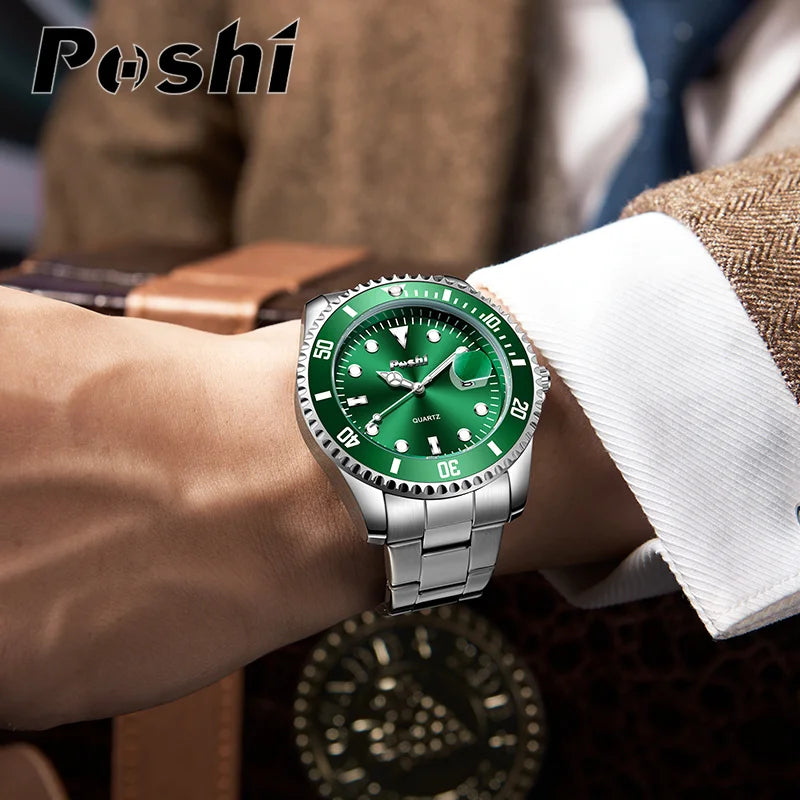 POSHI 991 Luxury Alloy Strap Quartz Watch Fashion Business Men's Wristwatch Green Dial With Date Case Can Rotate Life Waterproof