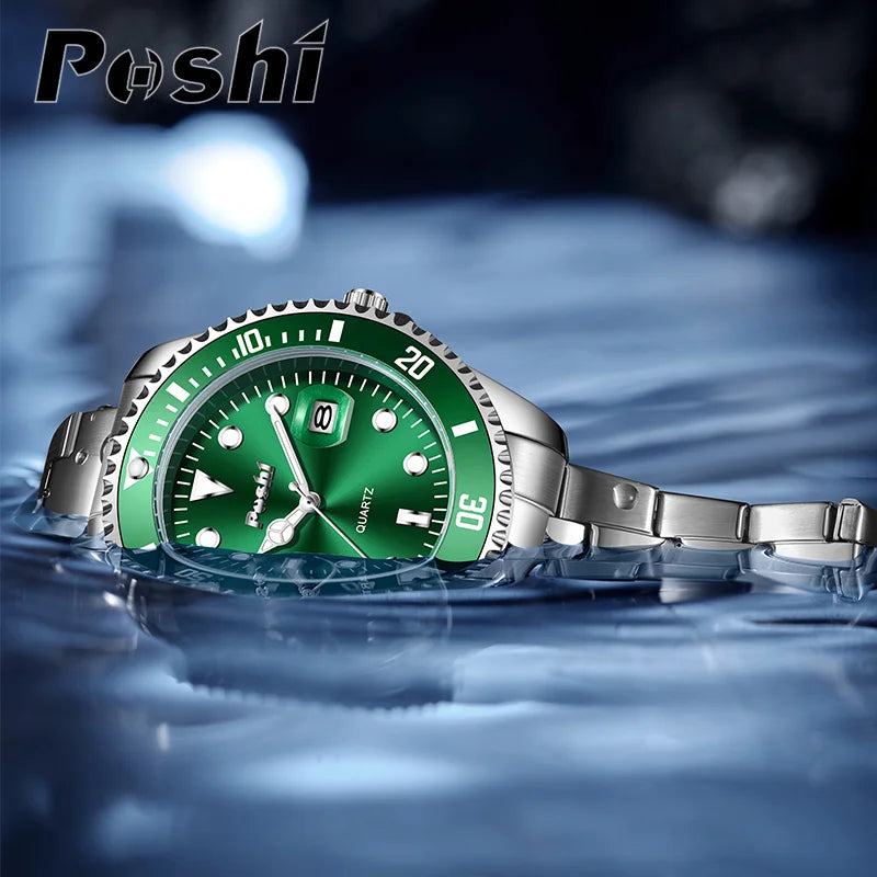 POSHI 991 Luxury Alloy Strap Quartz Watch Fashion Business Men's Wristwatch Green Dial With Date Case Can Rotate Life Waterproof