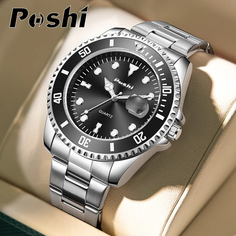 POSHI 991 Luxury Alloy Strap Quartz Watch Fashion Business Men's Wristwatch Green Dial With Date Case Can Rotate Life Waterproof