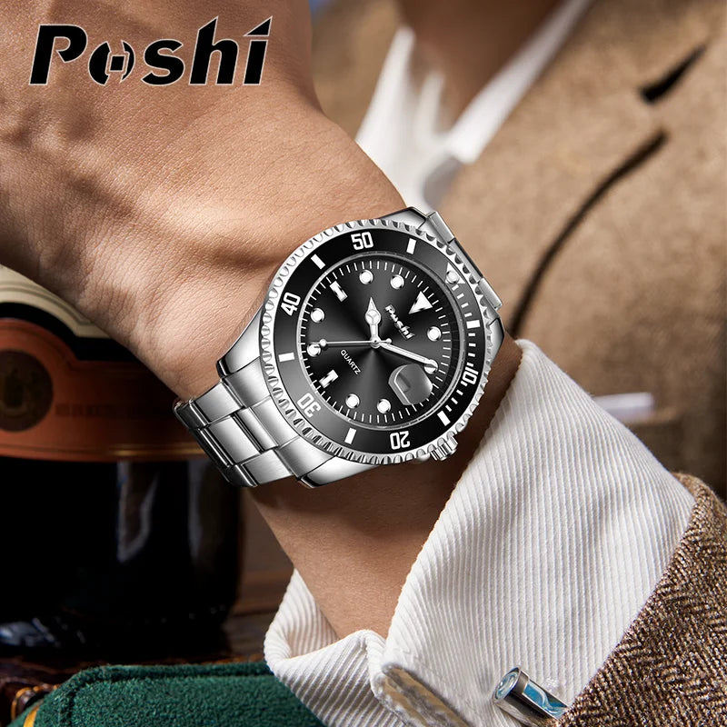 POSHI 991 Luxury Alloy Strap Quartz Watch Fashion Business Men's Wristwatch Green Dial With Date Case Can Rotate Life Waterproof